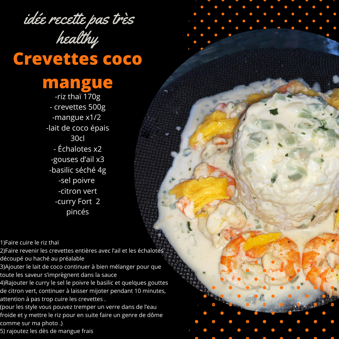 Infographie d'une recette de crevettes coco mangue